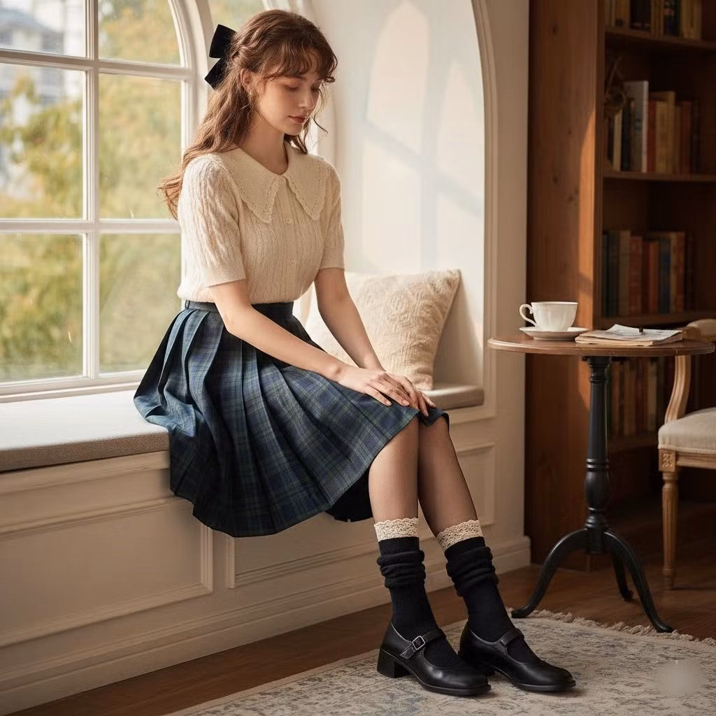 Tất viền ren hoặc tất cao cổ mỏng kết hợp giày Mary Jane tạo điểm nhấn ở cổ chân nhỏ nhắn. Điều này hướng ánh nhìn vào phần chân thon, khiến tổng thể thanh mảnh và nữ tính hơn.