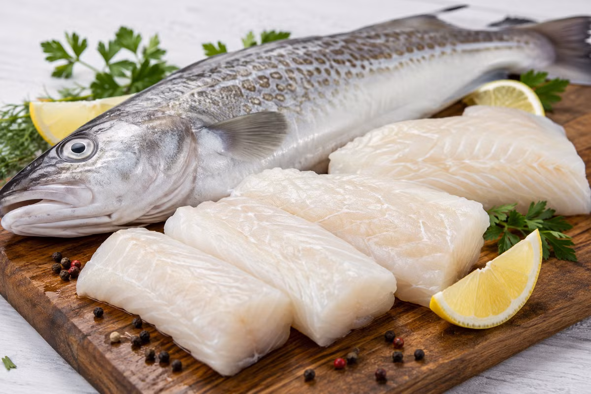 Điểm nổi bật của cá tuyết là hàm lượng chất béo thấp nhưng lại rất giàu protein chất lượng cao. Thịt cá dễ tiêu hóa, phù hợp với người lớn tuổi, trẻ em và cả những người có hệ tiêu hóa nhạy cảm. Ảnh minh hoạ AI