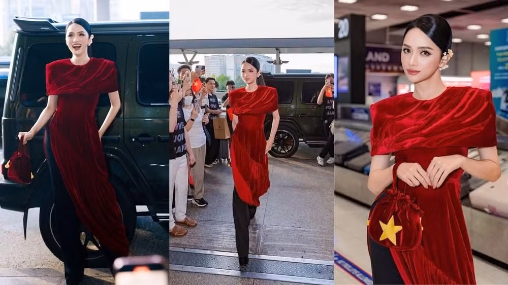 Trong ngày lên đường sang Thái Lan, Hương Giang lựa chọn áo dài nhung đỏ mang vẻ đẹp cổ điển và sang trọng.