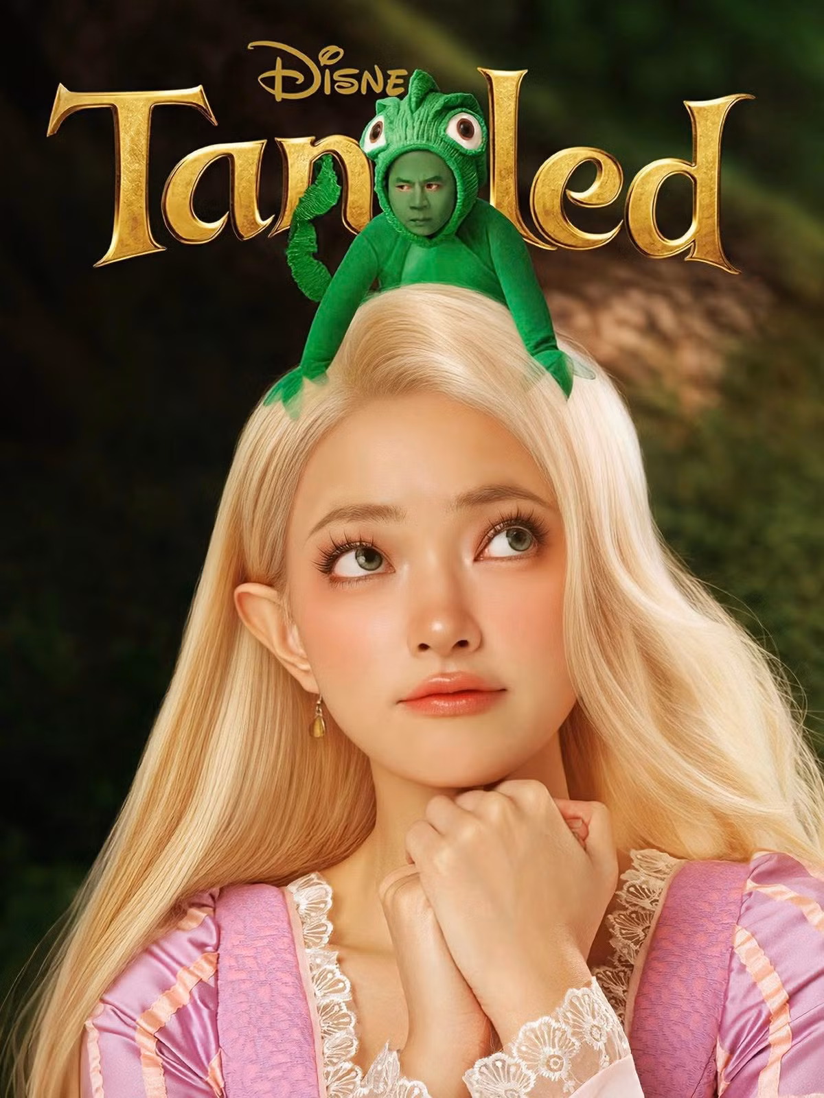Nhân dịp Halloween, Châu Bùi và Binz chọn hình tượng công chúa Rapunzel cùng tắc kè Pascal để hóa thân. Ảnh: FB Chau Bui