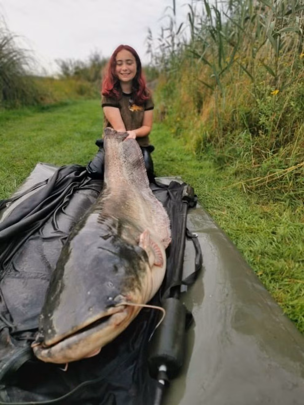 Hannah Truscott, 15 tuổi, khiến nhiều người ngưỡng mộ khi câu được con cá trê nặng hơn 45 kg trong buổi đi câu với cha tại khu vực hồ White Lakes, Essex, Anh. Ảnh: SWNS.