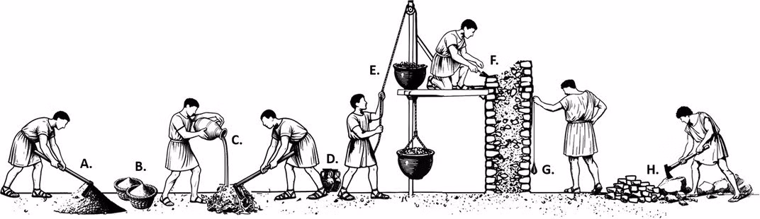 Tuy nhiên, nhiệt độ tăng làm rút ngắn đáng kể thời gian đông kết và đóng rắn vì mọi phản ứng diễn ra nhanh hơn, cho phép thi công tốc độ cao. Đặc biệt, các mảnh vôi sống còn sót lại trong hỗn hợp giúp bê tông La Mã có khả năng tự "chữa lành" các vết nứt theo năm tháng. Ảnh: Vaserman et al. / Nature Communications, 2025.