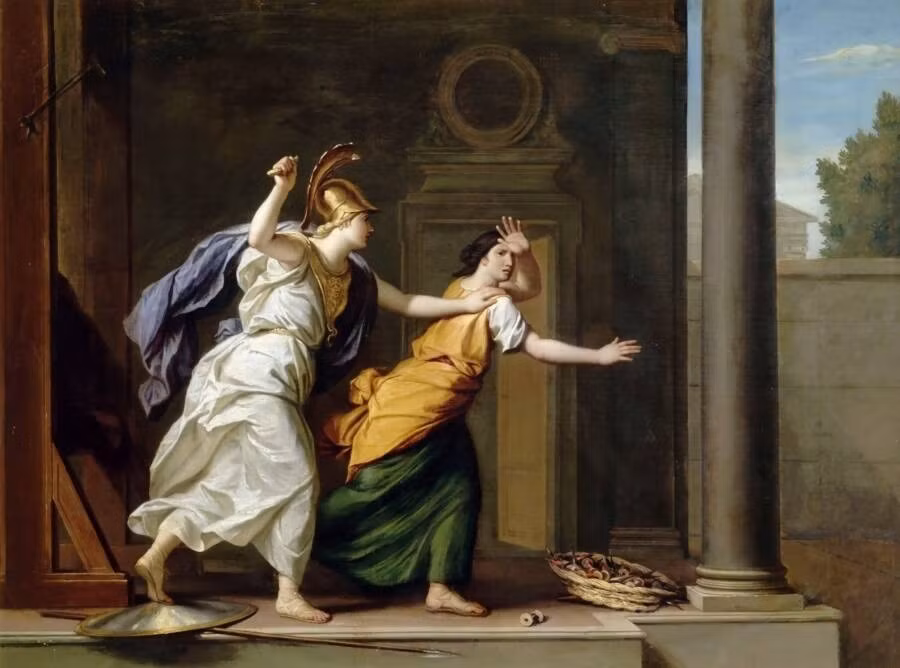 Tại đây, Athena cảnh cáo người thợ dệt vải Arachne liều lĩnh rằng phải cầu xin sự tha thứ từ nữ thần trí tuệ, nghề thủ công mỹ nghệ. Tuy nhiên, Arachne không hề có ý định xin tha thứ mà còn lớn tiếng thách thức rằng tại sao nữ thần Athena lại trốn tránh, không dám so tài. Ảnh: Public Domain.