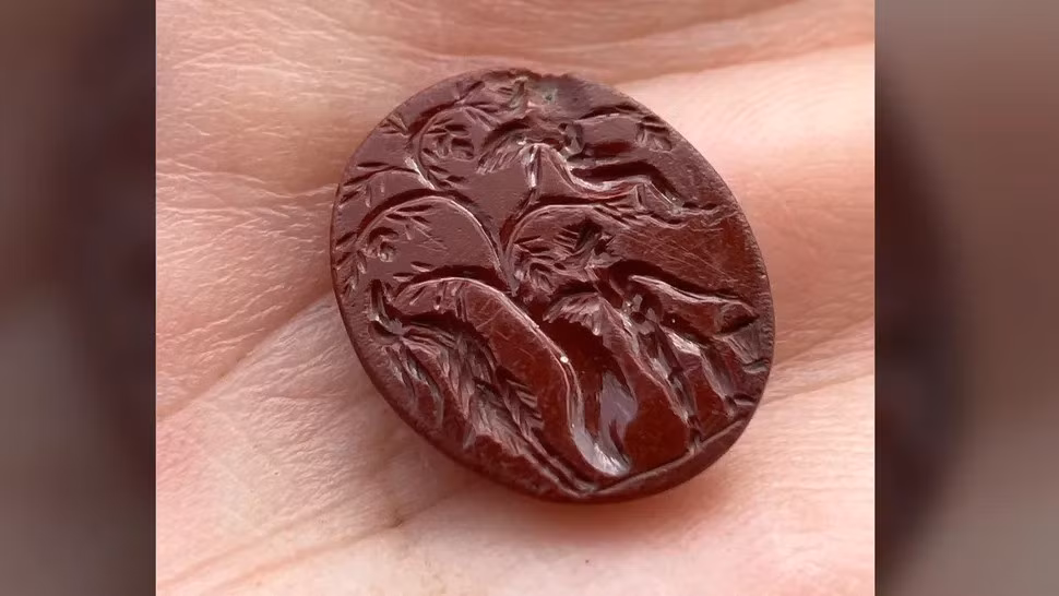 Trong cuộc khai quật mới đây tại Bremenium - pháo đài La Mã ở Anh, phía bắc Bức tường Hadrian, các nhà khảo cổ đã phát hiện một viên đá quý được chạm khắc tinh xảo cảnh thu hoạch nho trong thần thoại La Mã - hình ảnh hiếm khi tìm thấy ở Bắc Âu. Ảnh: Elaine Vallack.