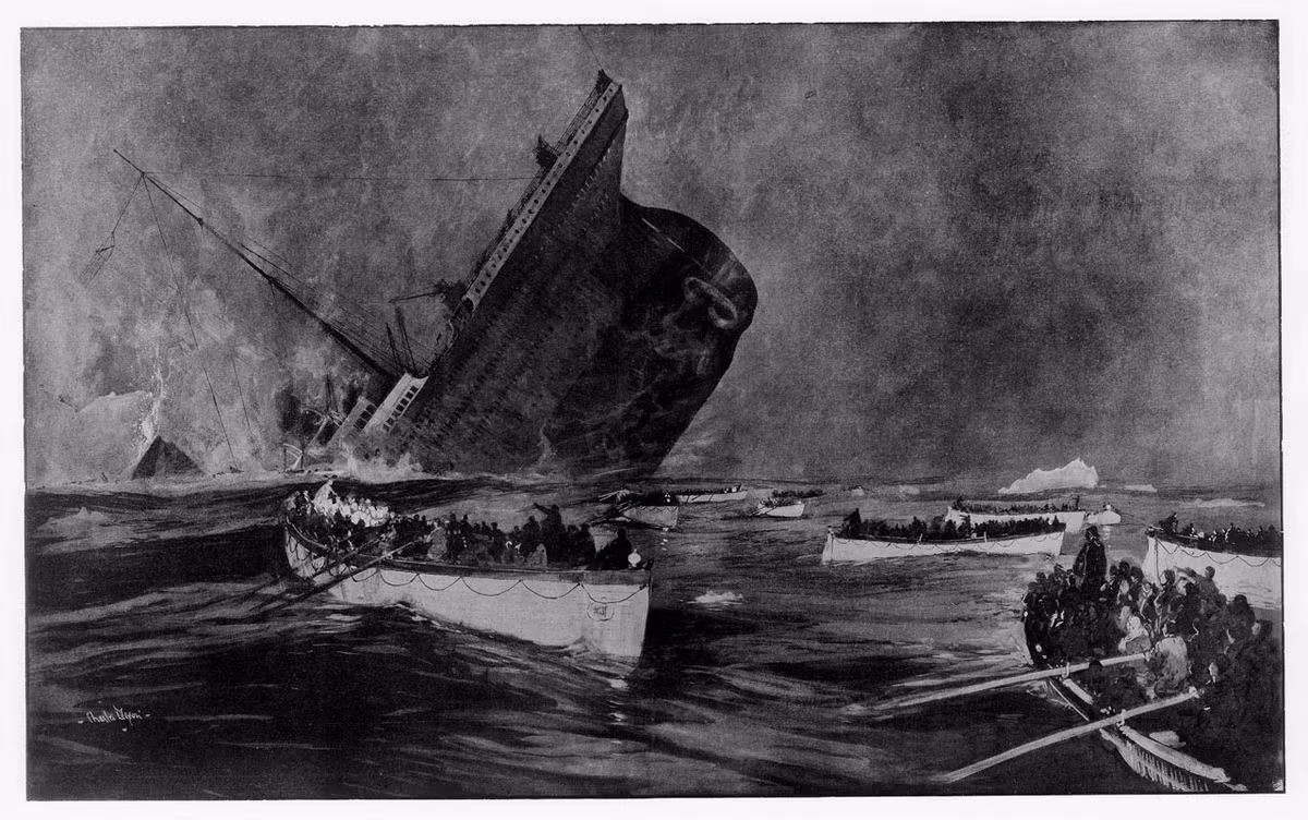 Khi con tàu Titanic bắt đầu chìm, các thành viên thủy thủ đoàn tìm các xuồng cứu sinh để hướng dẫn hành khách rời khỏi tàu. Ông Fleet và một thủy thủ khác được giao phụ trách xuồng cứu sinh số 6. Những xuồng cứu sinh trên tàu Titanic đã cứu sống hàng trăm người. Ảnh: Charles Dixon.