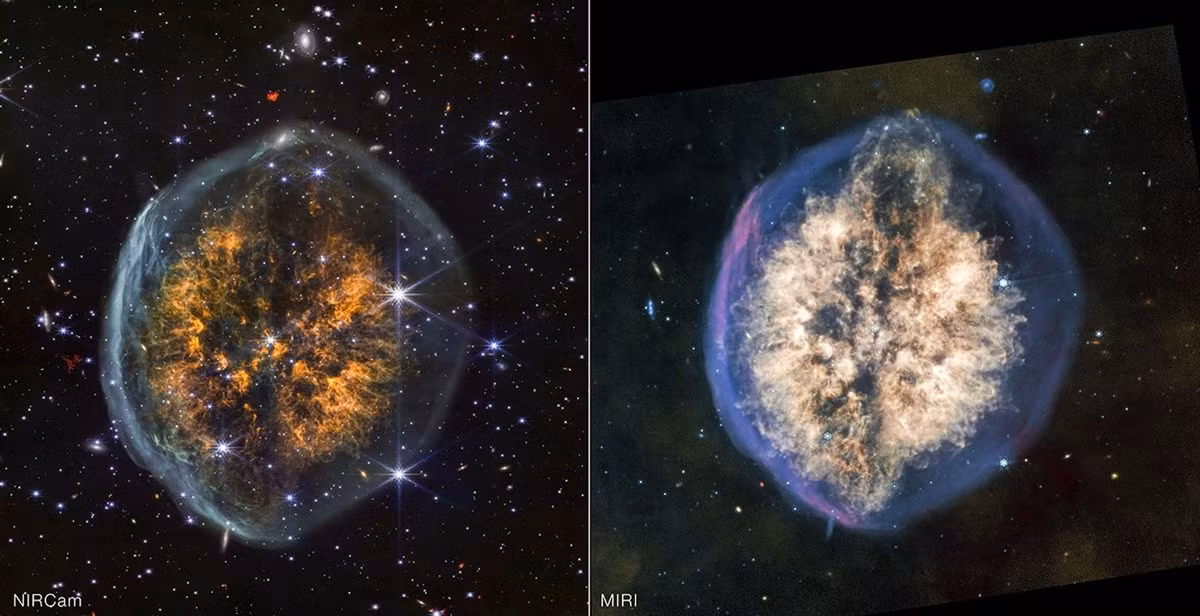 Trước đây, Kính viễn vọng Không gian Spitzer (hiện đã ngừng hoạt động) của NASA phát hiện tinh vân PMR 1 dưới ánh sáng hồng ngoại cách đây hơn 100 năm. Tuy nhiên, phải đến khi JWST sử dụng các thiết bị quan sát ánh sáng hồng ngoại gần và hồng ngoại giữa tiên tiến, cấu trúc giống bộ não của PMR 1 mới được chụp ảnh một cách rõ ràng, sắc nét hơn bao giờ hết. Ảnh: NASA.