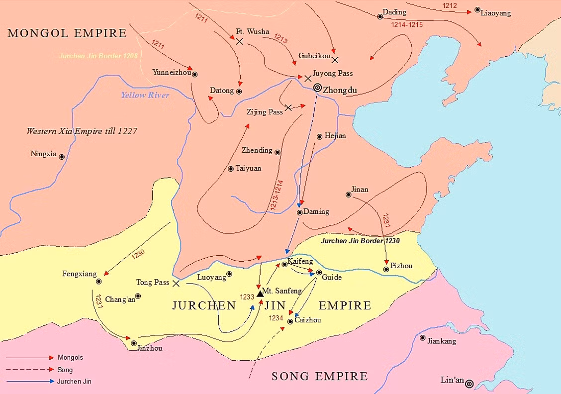 Quân Mông Cổ vượt sông Hoàng Hà năm 1232, bao vây thành Biện Kinh.