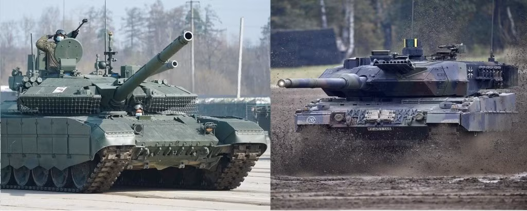Một số so sánh mà các kỹ sư Nga thực hiện giữa xe tăng Leopard 2A6 và T-90M như sau: Xuyên giáp chính diện: 700mm RHA - 850mm RHA; Tốc độ quay tháp pháo 39°/giây - 41°/giây; Tầm nhìn ban đêm 3.500m – 5.000m; Xác suất sống sót khi bị phục kích trong cùng điều kiện: 12% - 35%. (nguồn ảnh TASS, Sputnik, Ukrinform).
