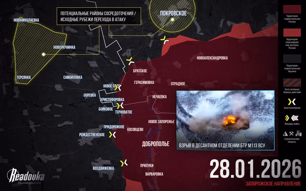 Kênh Readovka dự đoán rằng, quân Ukraine ở khu vực phía tây bắc Zaporozhye sẽ cố gắng phản công vào các tuyến phòng thủ của Nga từ khu vực khu định cư kiểu đô thị ngay từ đầu tháng Giêng, nhưng vì một số lý do, họ đã quyết định chờ đợi.