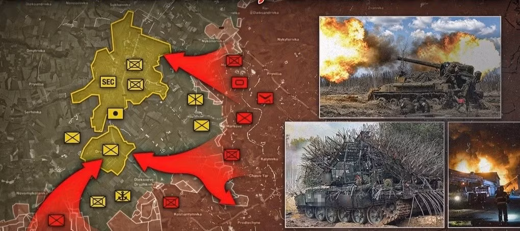 Ngoài ra, lực lượng Moscow còn tổ chức nhiều mũi xâm nhập khác về phía Kramatorsk và Slavyansk. Như vậy, có thể kết luận rằng quân Nga đang tiến về phía nam Druzhkovka. Khoảng cách từ các vị trí tiền tuyến của quân Nga, đến vùng ngoại ô phía nam thành phố này, là không quá hai ki-lô-mét.