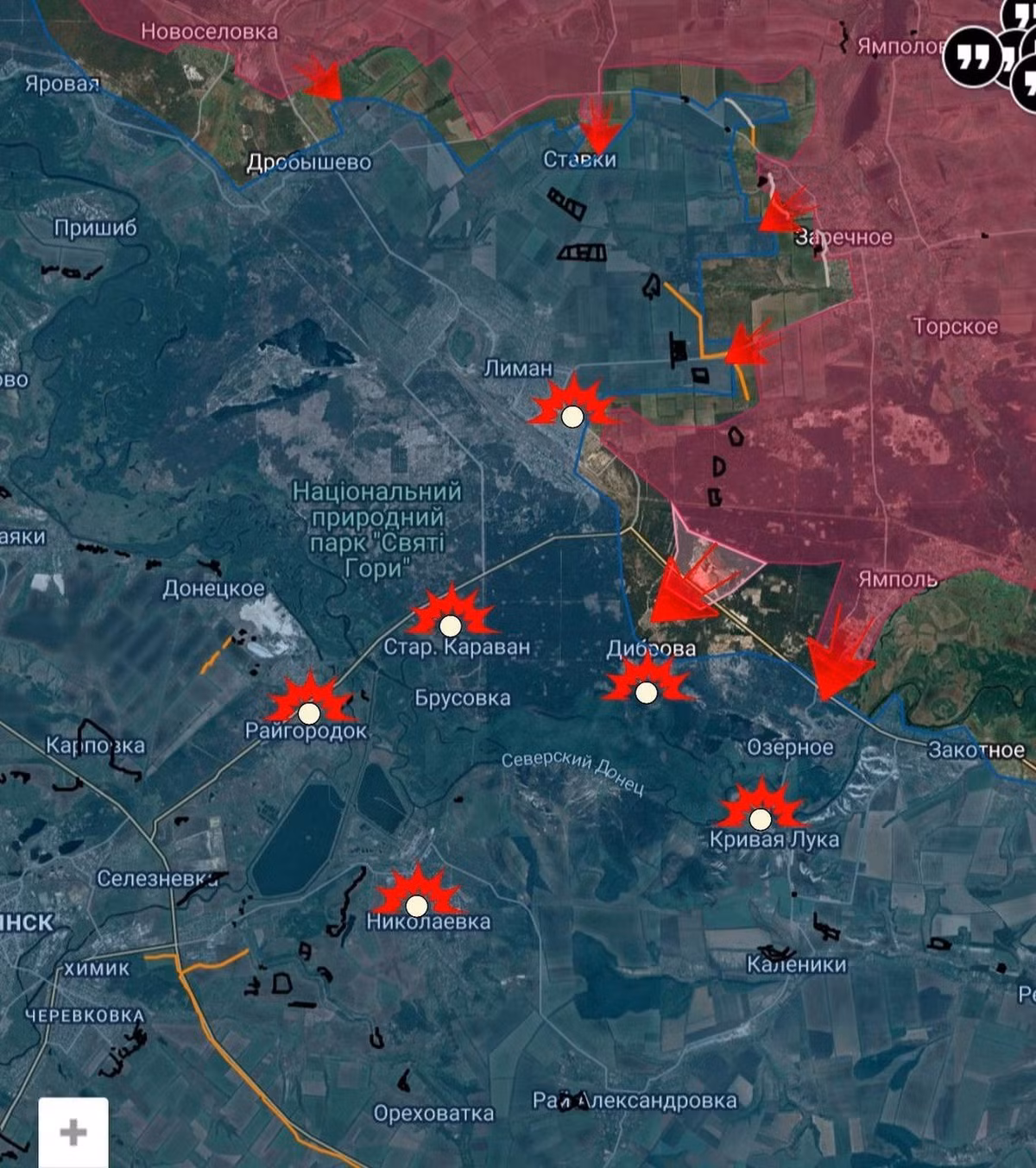 Quân đội Nga (RFAF), sau khi vượt qua tuyến phòng thủ kiên cố của Quân đội Ukraine (AFU) trên hướng Lyman (Nga gọi là Krasny Liman), đã giành được một đoạn mới của trục đường quốc lộ Lyman-Seversk. Đoạn đường này nằm ở phía tây nam của làng Yampol, nơi trước đó đã được RFAF kiểm soát, theo hướng làng Dibrova.
