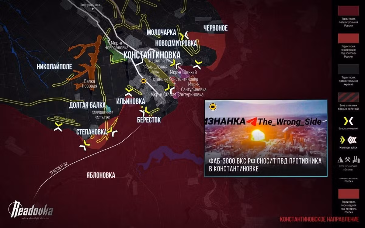 Thành phố Konstantinovka (Kostiantynivka), nằm ở phía tây bắc tỉnh Donetsk, là khu vực diễn ra các trận đánh ác liệt nhất kể từ đầu tháng 1. Trong khi suốt năm 2025, các thông tin chiến sự chính đến từ Pokrovsk và Myrnohrad, thì hiện nay chúng đến từ Konstantinovka, Lyman (Krasny Liman), Seversk và Zaporozhye.
