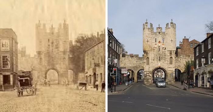 Cổng chính vào thành phố York, Anh, năm 1865 và 2015.