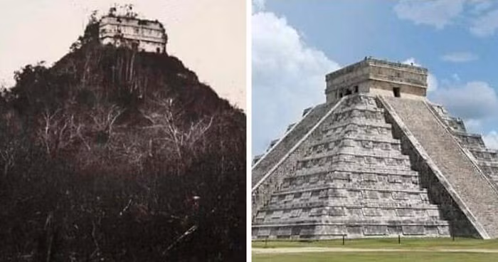 Địa điểm khảo cổ Chichen Itza (Mexico) năm 1892 (trái) và hiện tại.