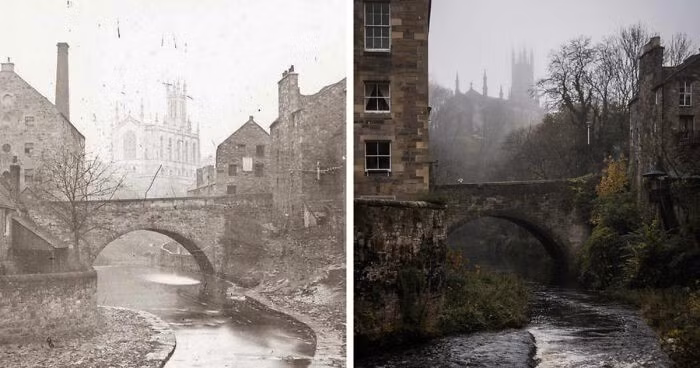 Hai bức ảnh chụp cùng một địa điểm tại Edinburgh, Scotland, nhưng cách nhau nhiều năm.