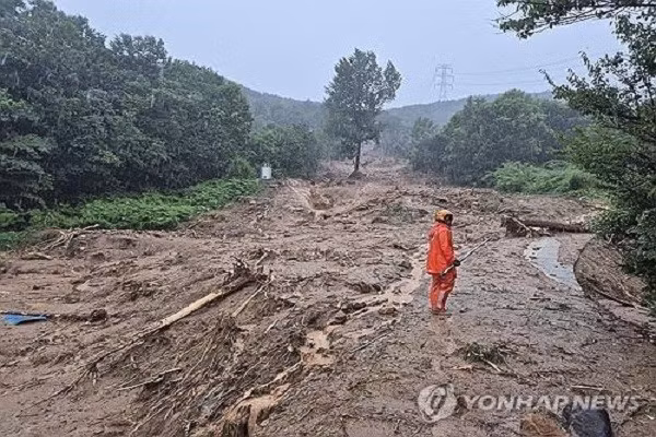 Tại thành phố Miryang gần đó, cũng thuộc tỉnh Gyeongsang Nam, một tài xế ngoài 60 tuổi tử vong sau khi nước lũ cuốn trôi chiếc xe của ông. Ảnh: Một trang trại trong ngôi làng ở Sancheong sau trận lở đất ngày 19/7. Ảnh: Yonhap.