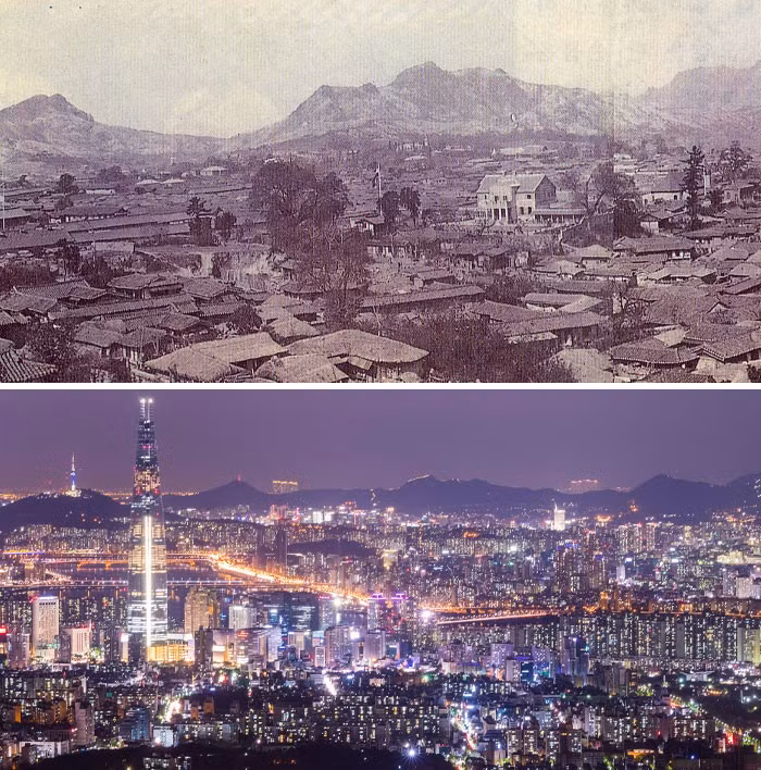 Seoul của Hàn Quốc năm 1900 (ảnh trên) khác xa so với vẻ hiện đại năm 2016 (ảnh dưới).