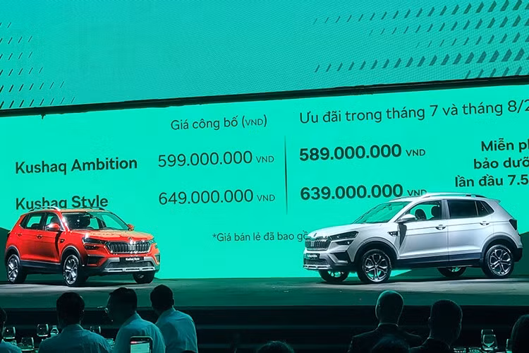 Skoda Kushaq được bán với hai phiên bản: Ambition giá 599 triệu đồng và Style giá 649 triệu đồng. Trong tháng 7 và 8/2025, khách hàng sẽ được ưu đãi giảm trực tiếp 10 triệu đồng, miễn phí một lần bảo dưỡng đầu tiên (7.500 km) và bảo hành 5 năm hoặc 100.000 km (tuỳ điều kiện nào đến trước).