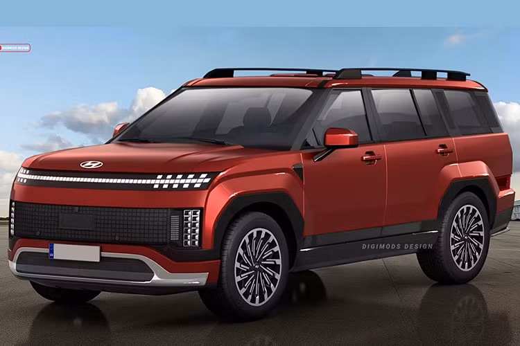 Theo bản dựng, Hyundai SantaFe 2027 mới sở hữu thiết kế táo bạo và hiện đại hơn. Phần đầu xe gây ấn tượng với lưới tản nhiệt cỡ lớn trải dài gần hết mặt ca-lăng, kết hợp dải đèn LED ban ngày dạng pixel nối liền hai bên.