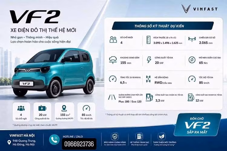 Bên ngoài, VinFast VF2 được gọn gàng, linh hoạt, phù hợp di chuyển trong những tuyến phố nội đô nhỏ hẹp, đông đúc. Xe sở hữu cụm đèn LED chiếu sáng phía trước, bộ mâm thép 13 inch và cản trước/sau không sơn màu. Bên cạnh đó là tay nắm cửa, ốp gương chiếu hậu, ăng ten vây cá mập...