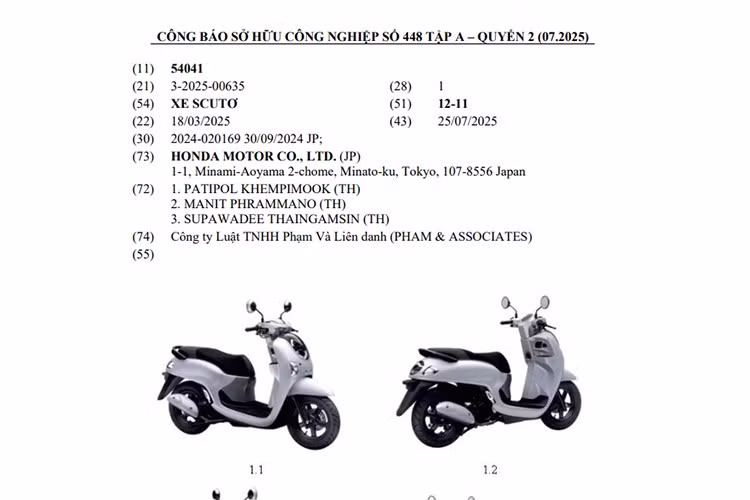 Theo Quyển 2 của Công báo số 448 tập A vừa được Cục Sở hữu trí tuệ Việt Nam công bố, Honda Việt Nam đã chính thức đăng ký bản quyền kiểu dáng công nghiệp cho một mẫu xe tay ga mới. Những hình ảnh trong hồ sơ cho thấy đây chính là Honda Scoopy thế hệ thứ 6.