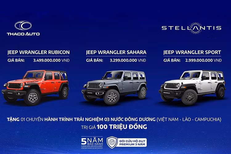 Jeep Wrangler 2026 được phân phối chính hãng tại Việt Nam với ba phiên bản gồm Sport, Sahara và Rubicon. Giá bán lần lượt là 2,999 tỷ đồng, 3,299 tỷ đồng và 3,499 tỷ đồng. Cũng tại lễ ra mắt, Thaco cho biết Jeep sẽ tiếp tục giới thiệu thêm hai sản phẩm mới trong thời gian tới, gồm Cherokee và Grand Wagoneer.