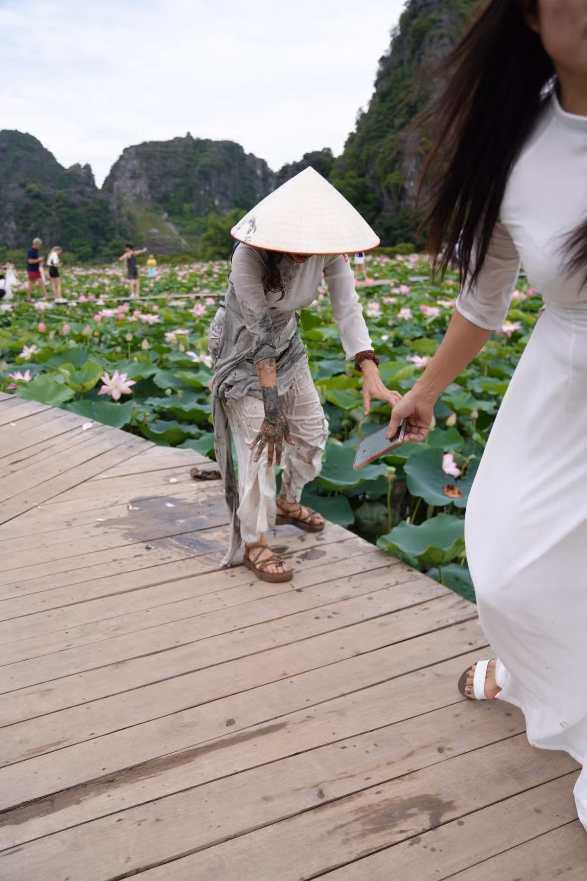 Đặc biệt, các bạn gái khi đi chụp ảnh muốn tạo dáng trên thuyền, trên cầu nhưng đầm sen đông, trong khi thuyền, cầu ít, vội chạy ra tranh thuyền nên dễ ngã xuống nước.