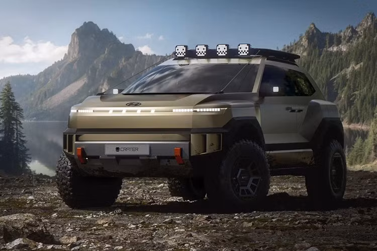 Hyundai Crater ﻿Tại Los Angeles Auto Show 2025, Hyundai trình làng Crater – concept SUV khung gầm rời, cạnh tranh với Toyota 4Runner. Thiết kế ngoại thất của xe trông gọn gàng, hầm hố với lốp 35 inch và đặc biệt có cả khui bia tích hợp trên móc kéo.