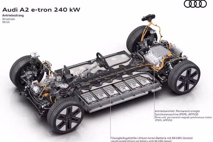 Bên trong xe, Audi A2 e-tron được trang bị bảng đồng hồ kỹ thuật số 11,9 inch được đặt cạnh màn hình cảm ứng cong 12,8 inch trong khi cần số đã chuyển lên cột vô lăng. Điều này tạo thêm không gian cho 2 sạc không dây Qi 2.2 với công suất 25 W trên bảng điều khiển trung tâm.