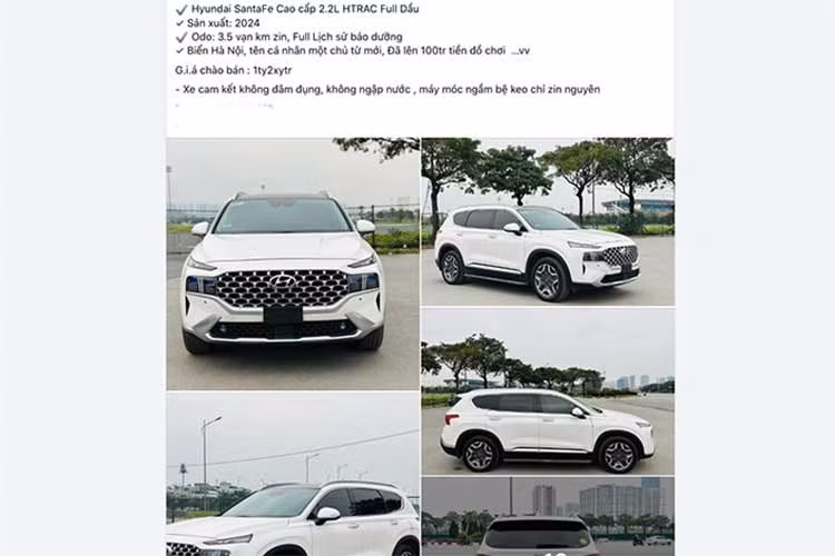 Chẳng hạn, một chiếc Hyundai SantaFe sản xuất năm 2024 (VIN 2024) có ngoại thất màu trắng, thuộc phiên bản máy dầu, đã lăn bánh khoảng 35.000 km, đang được một showroom xe cũ tại Hà Nội chào bán với giá hơn 1,2 tỷ đồng. Mức giá này cao hơn đáng kể so với xe mới, khi Hyundai SantaFe đời mới có giá bán lẻ đề xuất chỉ từ 1,069 tỷ đồng