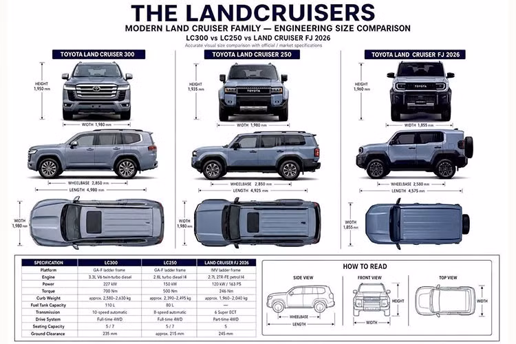 Thiết kế ngoại thất của Land Cruiser FJ thiên về sự thực dụng với các chi tiết mang đậm chất SUV địa hình. Hệ thống treo trước dạng tay đòn kép và treo sau liên kết 4 điểm kết hợp lò xo cuộn giúp đảm bảo độ ổn định khi di chuyển trên nhiều loại địa hình. Xe sử dụng mâm 18 inch đi cùng lốp 265/60R18, đi kèm lốp dự phòng full-size.