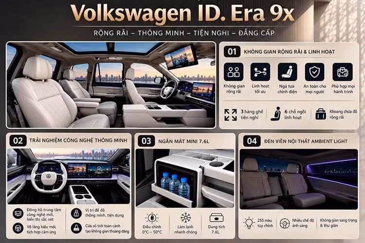 Không gian bên trong Volkswagen ID. Era 9X 2026 mới được bố trí 6 chỗ ngồi theo cấu hình 2+2+2, với hai ghế độc lập ở hàng thứ hai. Cách bố trí này hướng đến sự thoải mái cho hành khách, đặc biệt là những người thường xuyên sử dụng xe có tài xế riêng hoặc di chuyển đường dài.