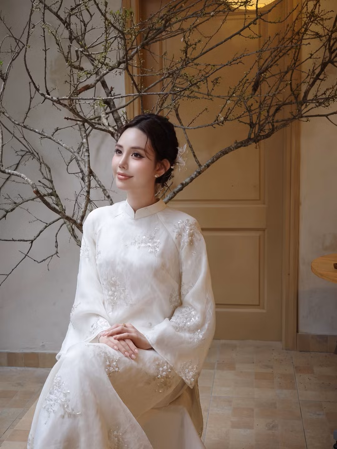 Thiết kế áo dài mà Thúy Quỳnh lựa chọn mang tông trắng tinh khôi, điểm xuyết họa tiết thêu ánh bạc tinh tế. Phom dáng suông nhẹ, tay áo rộng vừa đủ tạo nên sự mềm mại, thướt tha cho từng chuyển động. Chất liệu vải mỏng nhẹ, có độ bắt sáng nhẹ nhàng giúp tổng thể trang phục thêm phần thanh thoát mà không kém phần sang trọng.