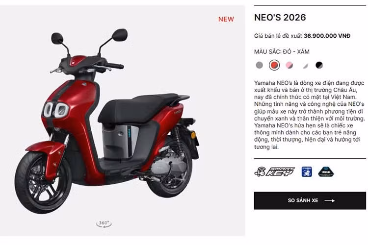 Theo công bố của Yamaha Motor Việt Nam, mẫu xe máy điện Yamaha Neo’s 2026 được bán với giá 36,9 triệu đồng, đi kèm một pin lithium-ion và bộ sạc tiêu chuẩn. Mức giá này thấp hơn gần 13 triệu đồng so với mức niêm yết 50 triệu đồng của phiên bản trước, trở thành một trong những đợt giảm giá mạnh nhất của Yamaha đối với một mẫu xe phổ thông tại Việt Nam.