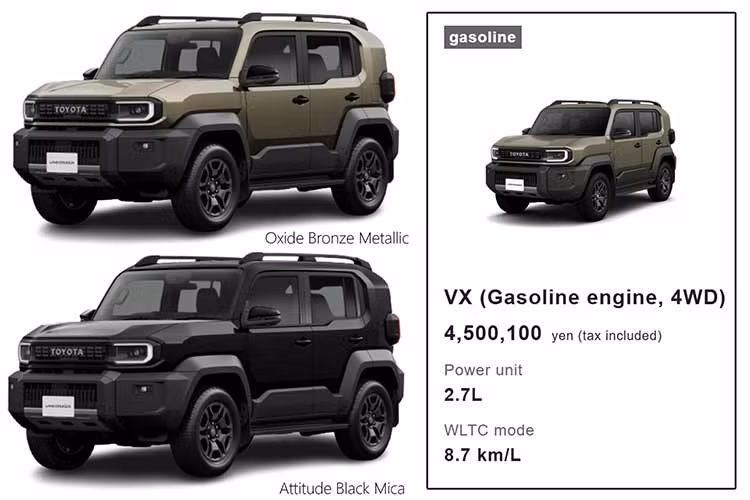Tại thị trường Nhật Bản, Land Cruiser FJ có tổng cộng 5 tùy chọn màu ngoại thất gồm xanh Smoky Blue, xám Ash, trắng ngọc trai Platinum White Pearl Mica, xanh Oxide Bronze Metallic và đen Attitude Black Mica. Trong đó, hai màu Oxide Bronze Metallic và Attitude Black Mica hiện chưa xuất hiện tại thị trường Thái Lan.