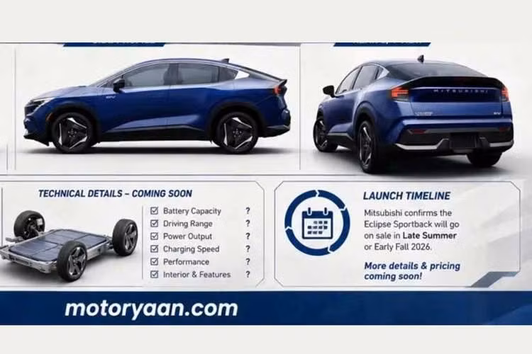Bên dưới thân vỏ của Mitsubishi Eclipse Sportback là nền tảng khung gầm CMF-EV dùng chung với Nissan Leaf và Ariya. Các thông số kỹ thuật chi tiết sẽ được công bố sau. Trong khi đó, Nissan Leaf hiện có 2 tùy chọn pin với dung lượng 52 kWh và 75 kWh, đi kèm một mô-tơ điện duy nhất cho công suất lần lượt 174 mã lực hoặc 214 mã lực.