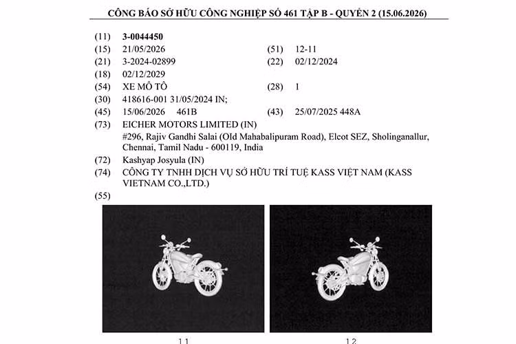 Mẫu môtô của Eicher Motors vừa xuất hiện trong Công báo Sở hữu Công nghiệp mới nhất phát hành trong tháng 6/2026. Eicher Motors hiện là công ty mẹ của Royal Enfield, thương hiệu môtô Ấn Độ vừa tái gia nhập thị trường Việt Nam sau vài năm ngừng kinh doanh.