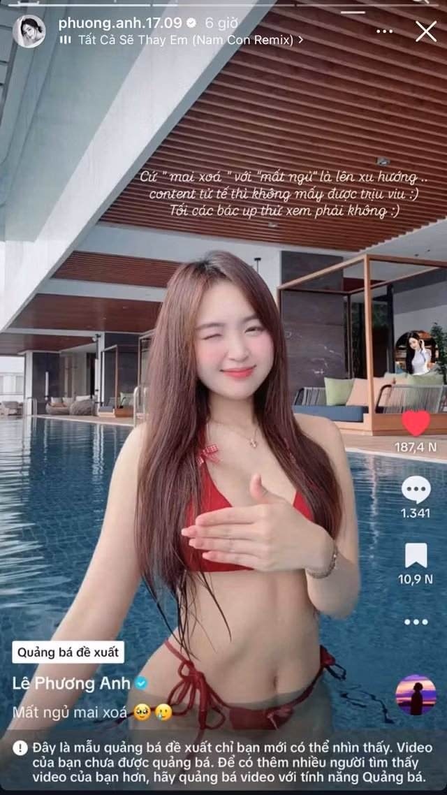Theo đó, trong một buổi tối mất ngủ, hot girl Lê Phương Anh đã đăng tải một video ngắn lên TikTok, trong đó cô nàng diện trang phục bikini nóng bỏng, gợi cảm, thực hiện những động tác vũ đạo quyến rũ. Kèm theo đó là dòng chú thích: "Mất ngủ, mai xóa".