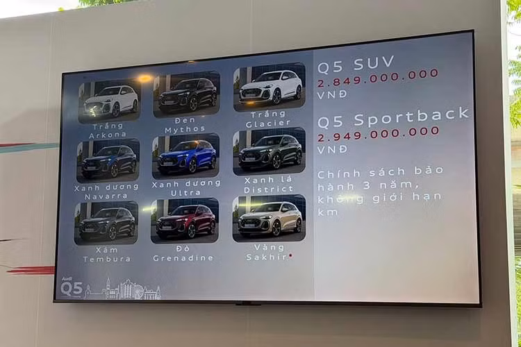 Audi Việt Nam bắt đầu phân phối bộ đôi SUV thế hệ mới từ tháng 6/2026 với bốn phiên bản: Audi Q3 SUV TFSI Advanced giá 2,099 tỷ đồng; Audi Q3 Sportback TFSI S line giá 2,199 tỷ đồng; Audi Q5 SUV TFSI quattro S line giá 2,849 tỷ đồng; giá Audi Q5 Sportback TFSI quattro S line: 2,949 tỷ đồng.