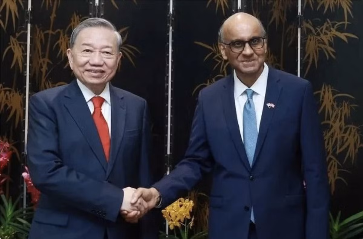 Tổng Bí thư, Chủ tịch nước Tô Lâm hội kiến Tổng thống Singapore Tharman Shanmugaratnam ngày 12-5-2025. Ảnh: TTXVN.