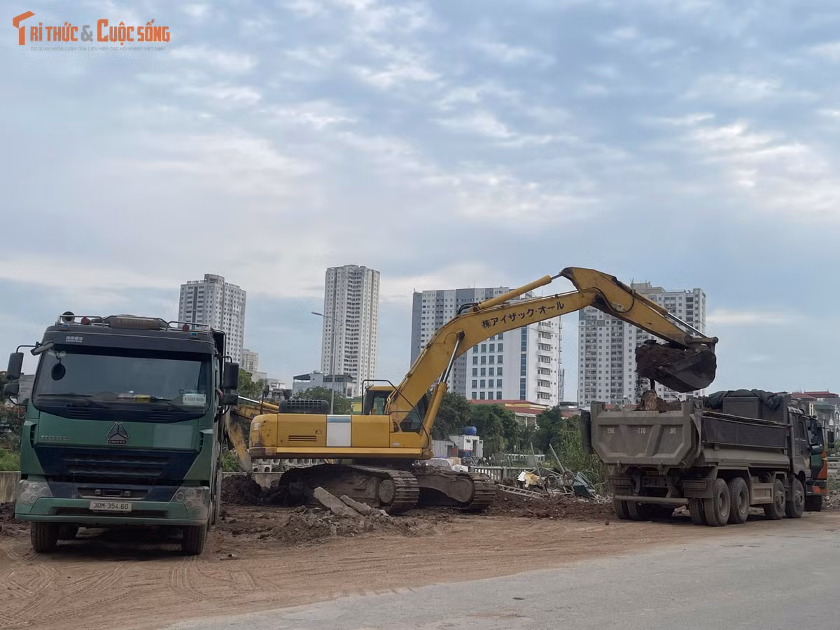 Nhiều máy xúc hoạt động liên tục trên công trường để phục vụ công tác nạo vét và thi công bờ kè. Các mũi thi công được triển khai đồng thời nhằm rút ngắn thời gian hoàn thành dự án.