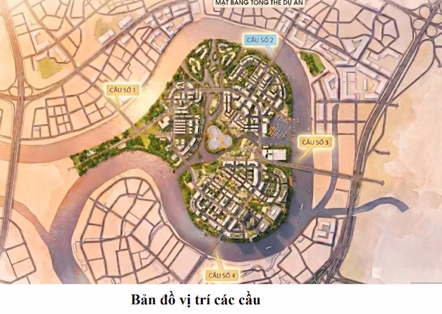 Sơ đồ bố trí thêm 4 cây cầu ở Khu đô thị Bình Quới - Thanh Đa.