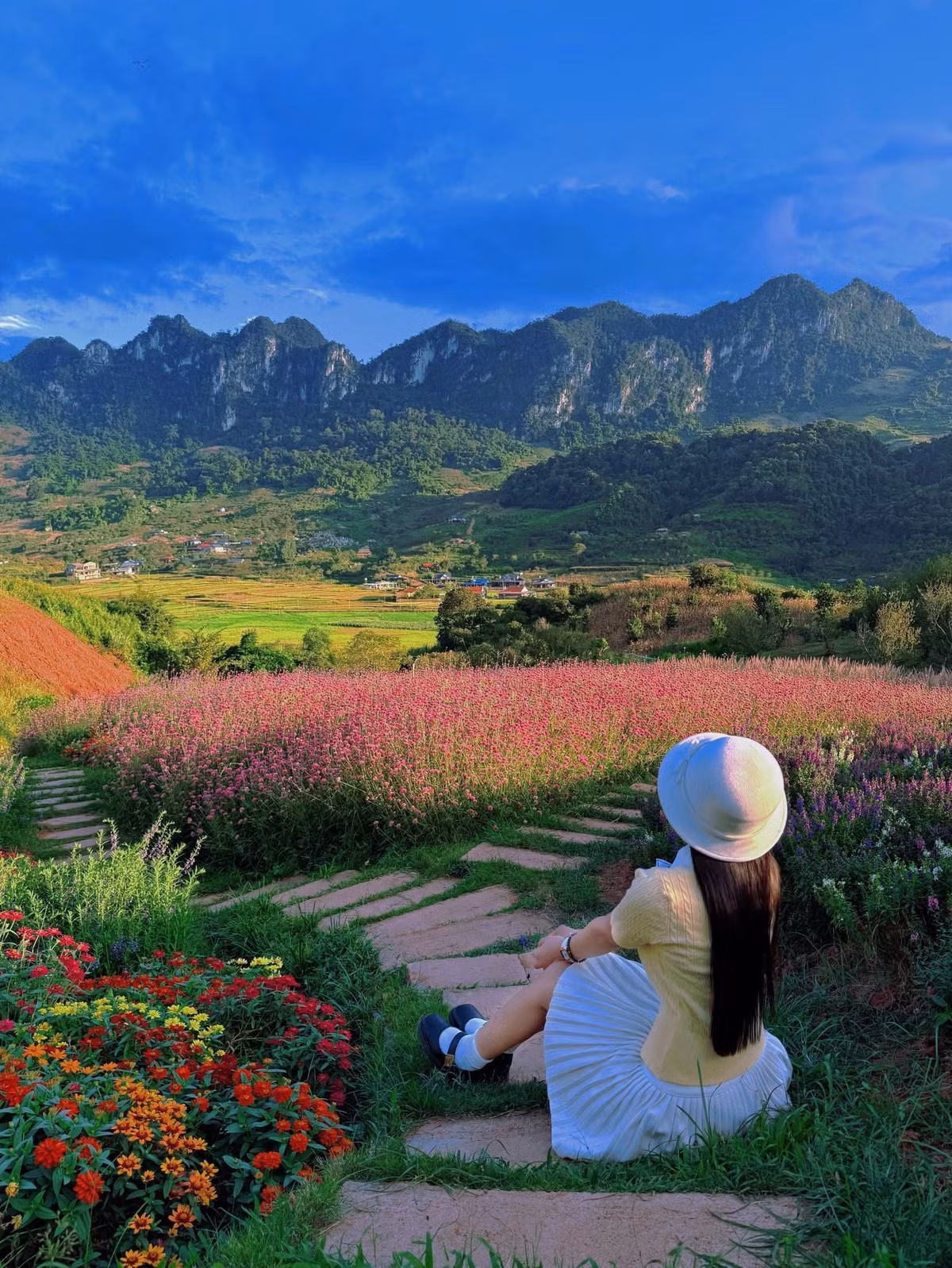Tận dụng địa hình thung lũng rộng và thoáng đãng, chủ vườn đã khéo léo chia thành nhiều khu vực, mỗi nơi mang một sắc thái riêng, giúp du khách tha hồ lựa chọn góc chụp ảnh. Nguyễn Phương Phương