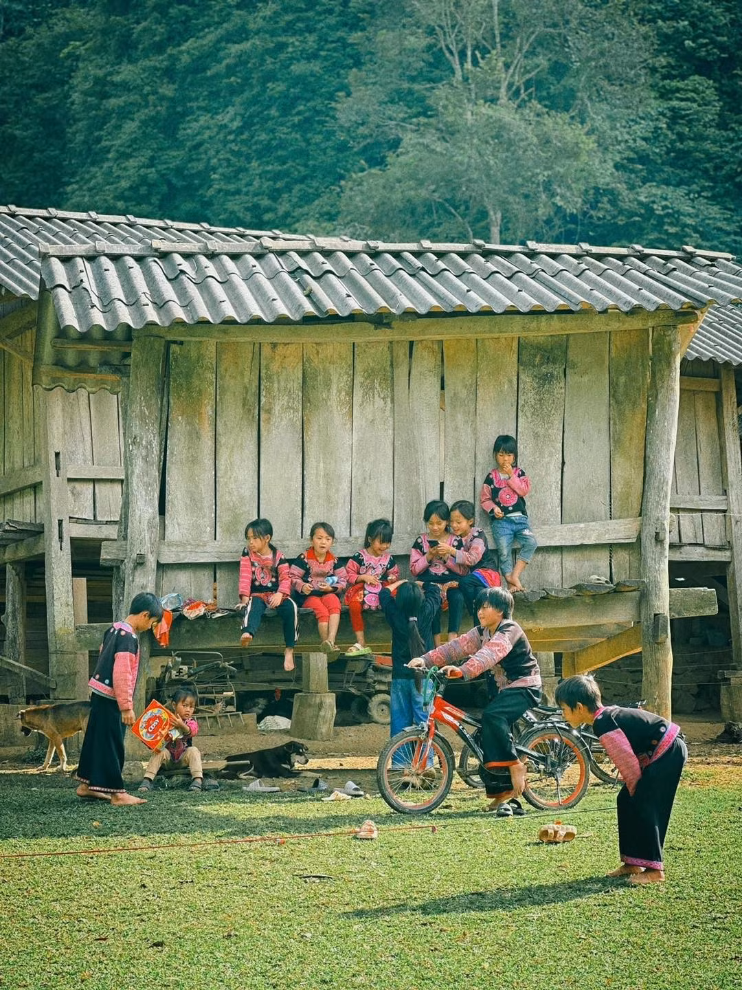 Cư dân Hang Táu là người Mông, sống bằng canh tác, chăn nuôi và nghề thủ công. Họ vẫn giữ những sinh hoạt truyền thống: giã ngô bằng cối đá, nấu ăn bằng bếp củi, dệt vải bằng khung gỗ. Trẻ em chơi đùa bên suối, người lớn đẽo gỗ, rèn dao – tạo nên bức tranh sinh hoạt bình dị, hiếm thấy trong xã hội hiện đại. Ảnh Bùi Quang Thụy