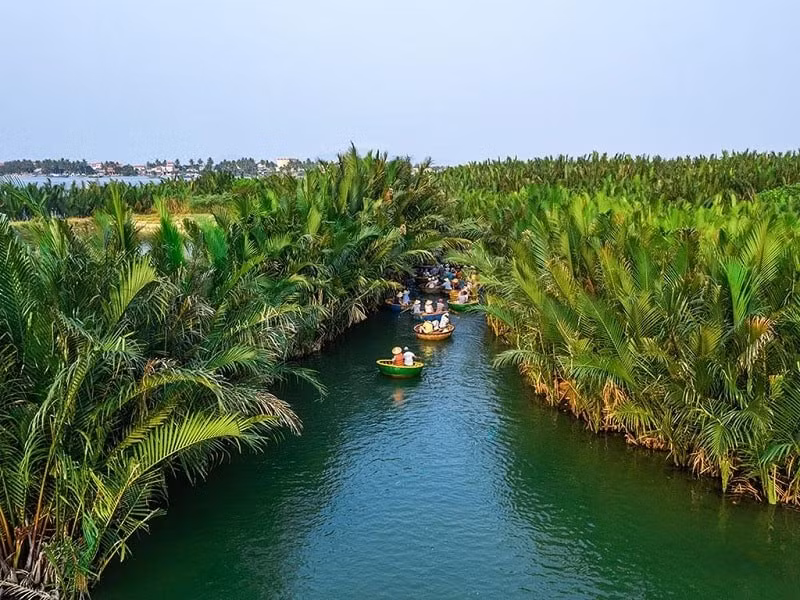 Nếu từng say mê vẻ đẹp duyên dáng của những cô lái đò miền Tây, du khách khi đến rừng dừa Cẩm Thanh chắc chắn sẽ bất ngờ trước màn múa thúng đầy điệu nghệ giữa lòng hồ Bảy Mẫu. Ảnh Khu du lịch Rừng dừa Bảy Mẫu