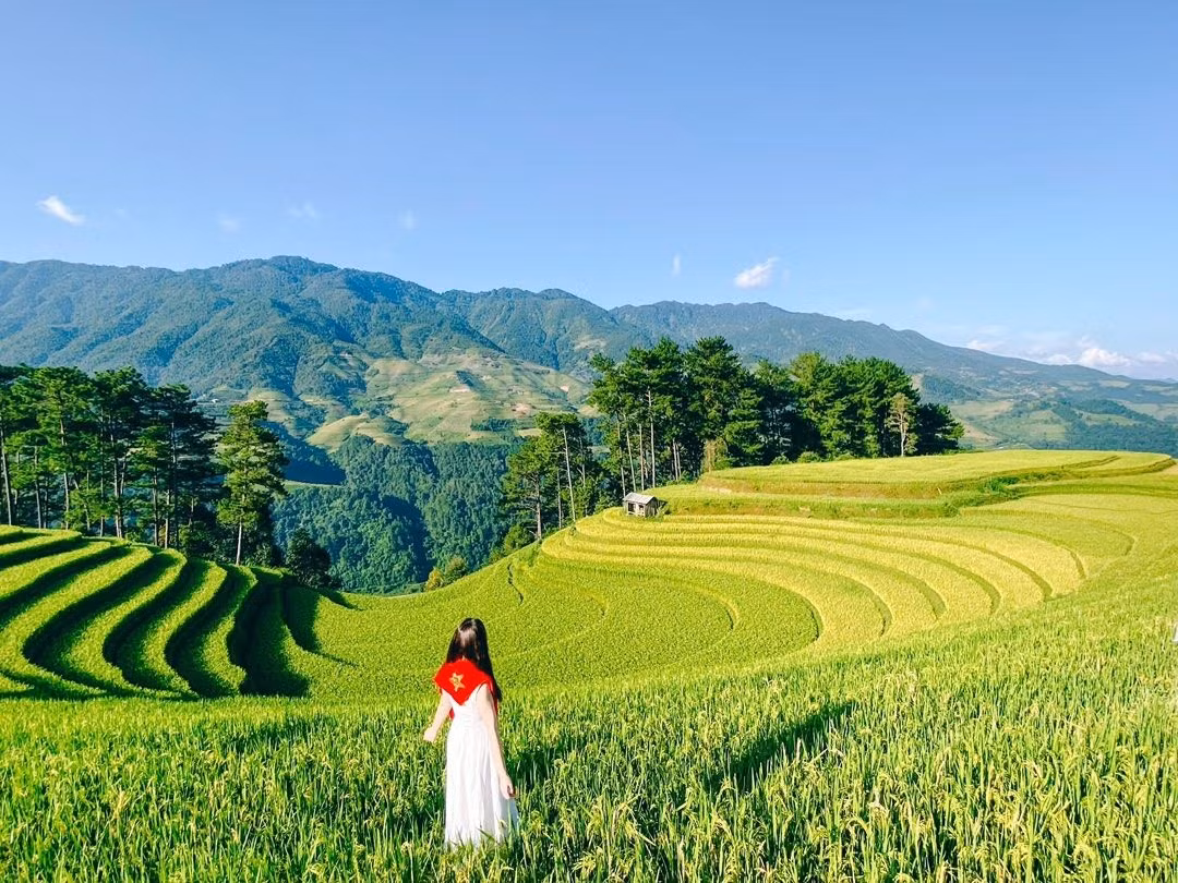 Ngày cuối, nhóm thong thả dạo chơi Tú Lệ, mua cốm làm quà và ghé Dế Xu Phình – thung lũng yên bình, vắng người, đối lập hoàn toàn với sự nhộn nhịp của Móng Ngựa. Trên đường về, cảnh dù lượn rực rỡ trên nền trời xanh là điểm nhấn đáng nhớ, khiến cả đoàn không muốn rời Tây Bắc. Ảnh Thẩm Ngọc Nguyễn
