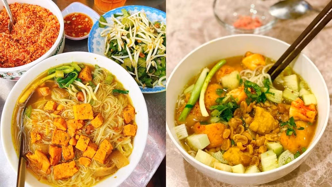 Một tô bún Xiêm Lo đầy đủ không thể thiếu những sợi bún mềm mại, cá lóc chiên giòn, đậu hũ chiên, trứng cút luộc và rau sống như giá, bắp chuối bào. Mỗi thành phần đều mang đến một hương vị riêng biệt nhưng lại hòa quyện vào nhau, tạo nên một tô bún vừa đậm đà, vừa thanh mát. Khi ăn, bạn có thể thêm chút chanh, ớt để tăng vị chua cay, khiến món ăn thêm phần hấp dẫn và đậm đà. Ảnh Đặc Sản Miền Sông Nước