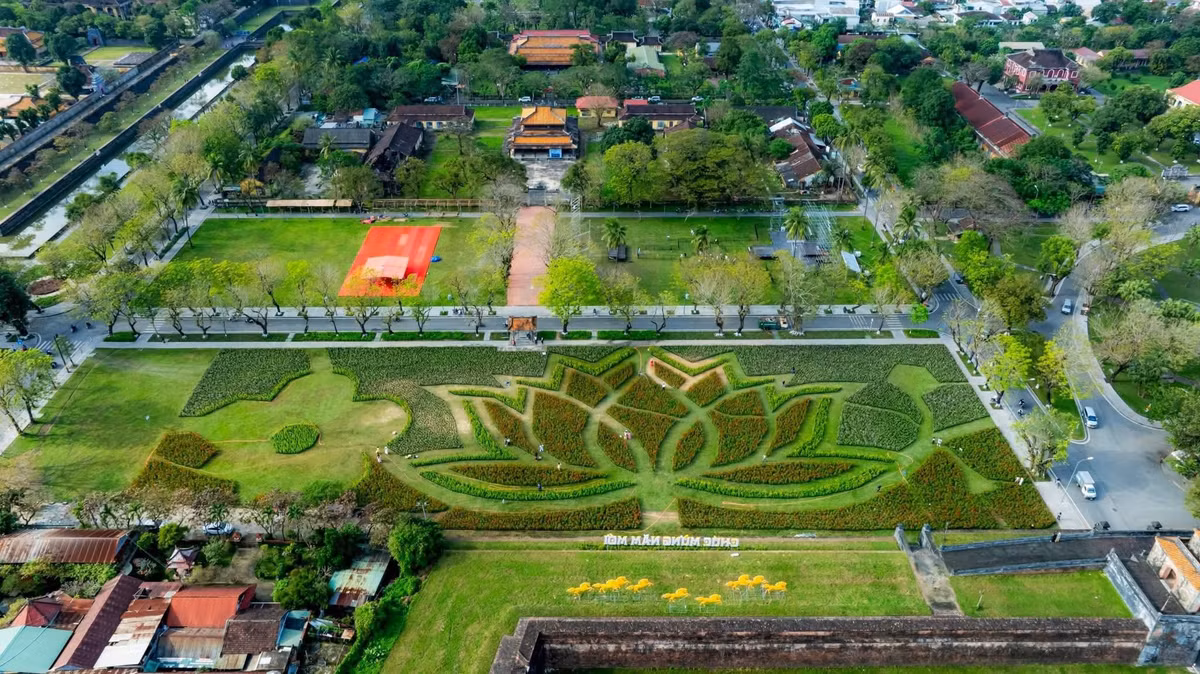 Đóa sen được đặt tại khu vực sân Hàm Nghi, gần cổng Thượng Tứ (phường Phú Xuân, TP Huế) nơi vốn mang vẻ trầm mặc, cổ kính. Trên nền kiến trúc di sản hàng trăm năm tuổi, sắc hoa tươi thắm được sắp đặt công phu đã tạo nên sự giao hòa tinh tế giữa truyền thống và hiện đại, giữa nhịp sống đương đại và chiều sâu lịch sử. Ảnh Lê Hoàng