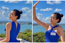 Đỗ Thị Hà khoe vai trần gợi cảm với váy cổ yếm tại Miss World