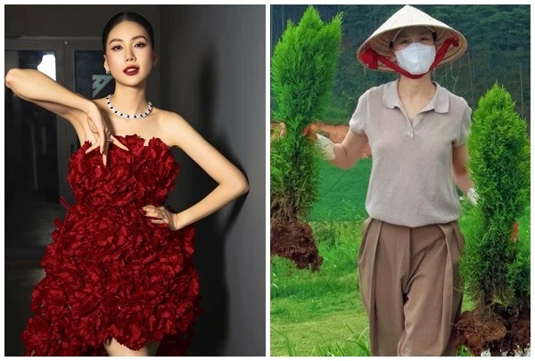 Hoa hậu Bùi Quỳnh Hoa dự sự kiện lộng lẫy, về nhà làm vườn giản dị